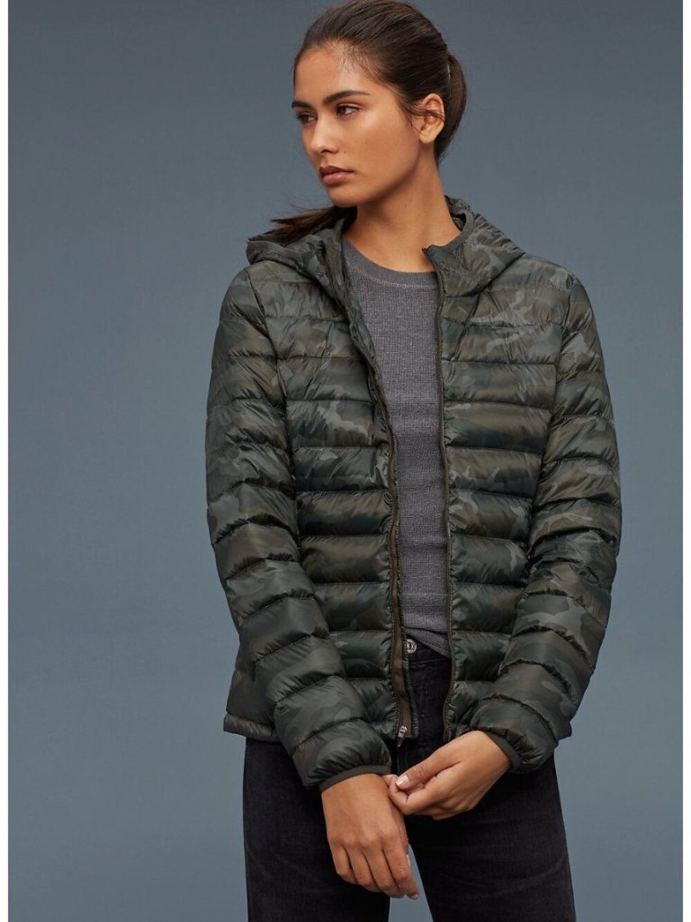 TNA Green Camouflage Botanie Down Puffer Full Zip Hooded Jacket Size Small
